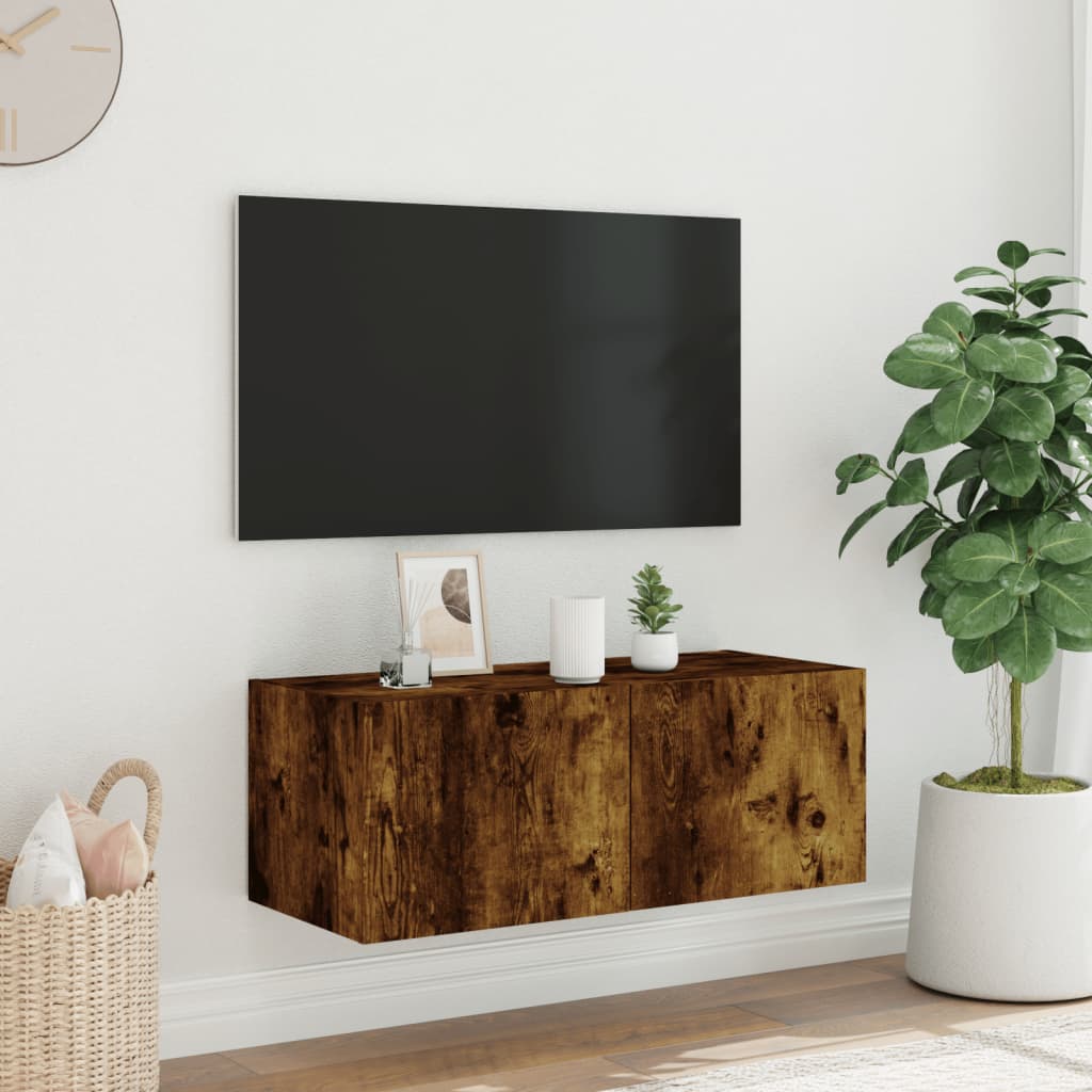 Tv-wandmeubel met LED-verlichting 80x35x31 cm gerookt eiken is nu te koop bij PeponiXL, paradijselijk wonen!
