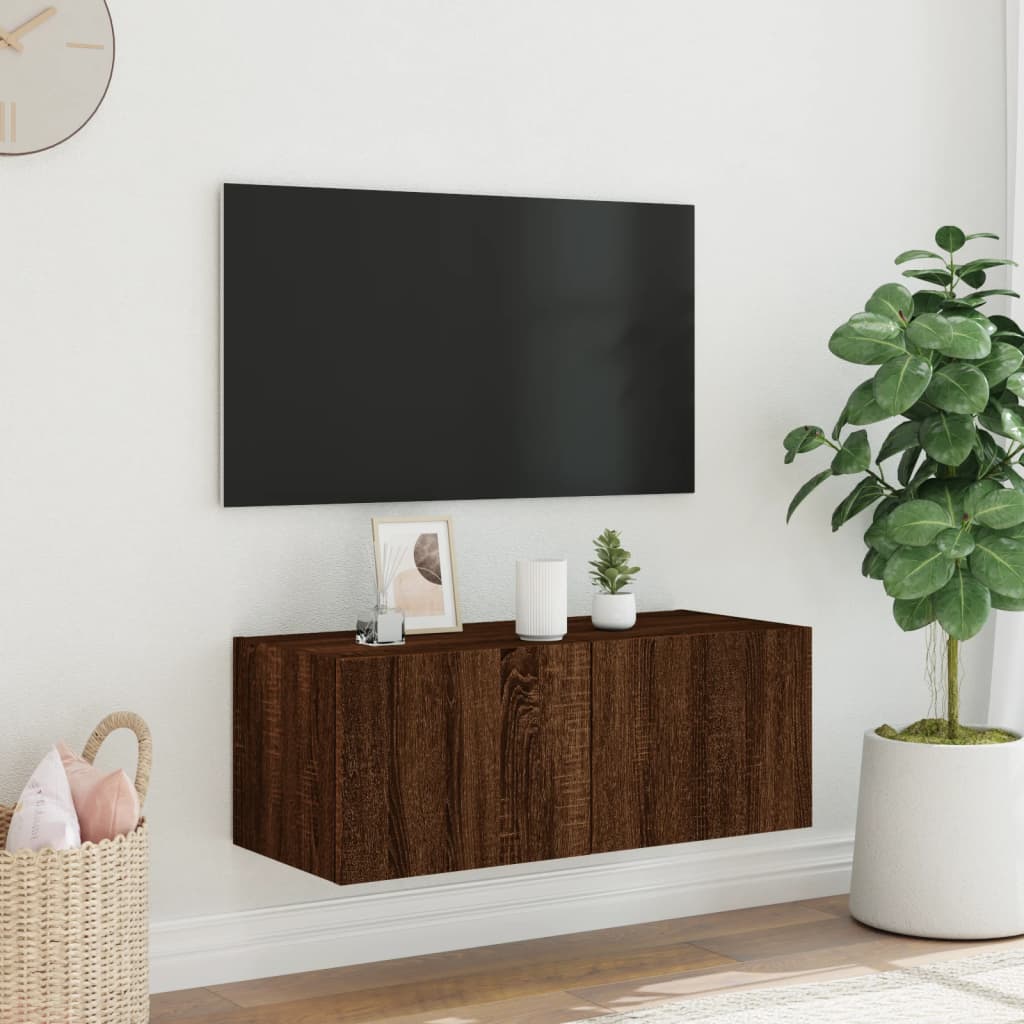 Tv-wandmeubel met LED-verlichting 80x35x31 cm bruin eikenkleur is nu te koop bij PeponiXL, paradijselijk wonen!