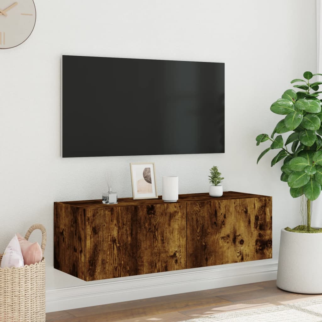 Tv-wandmeubel met LED-verlichting 100x35x31 cm gerookt eiken is nu te koop bij PeponiXL, paradijselijk wonen!
