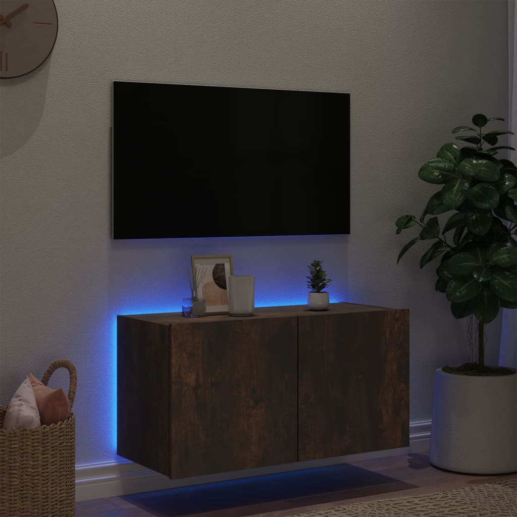 Tv-wandmeubel met LED-verlichting 80x35x41 cm gerookt eiken is nu te koop bij PeponiXL, paradijselijk wonen!