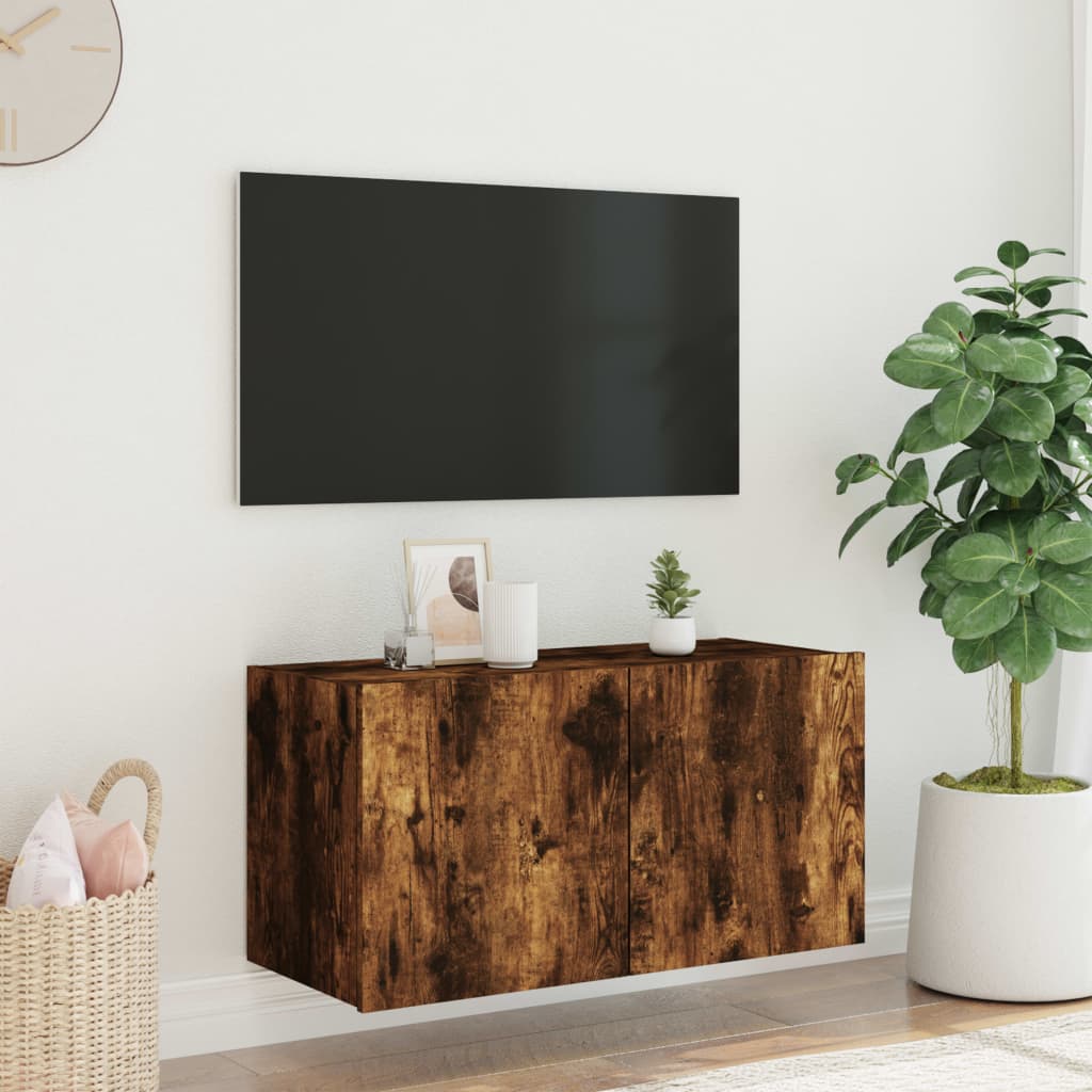 Tv-wandmeubel met LED-verlichting 80x35x41 cm gerookt eiken is nu te koop bij PeponiXL, paradijselijk wonen!