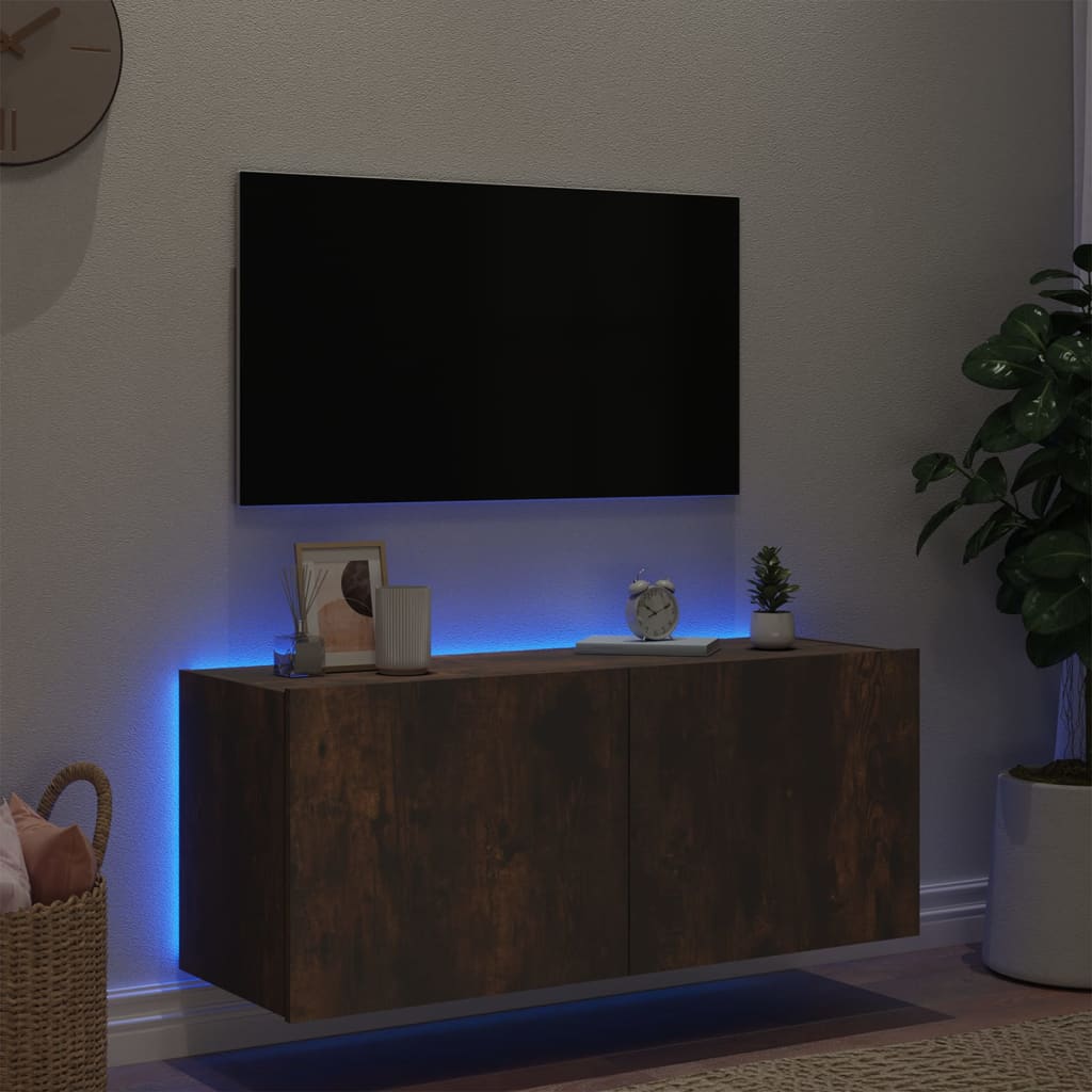 Tv-wandmeubel met LED-verlichting 100x35x41 cm gerookt eiken is nu te koop bij PeponiXL, paradijselijk wonen!