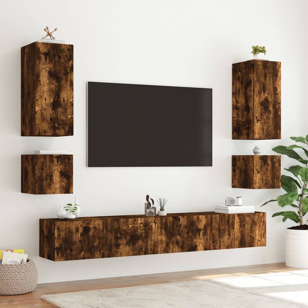 Tv-wandmeubel met LED-verlichting 100x35x41 cm gerookt eiken is nu te koop bij PeponiXL, paradijselijk wonen!