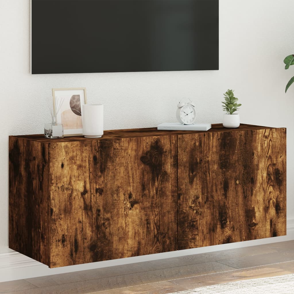 Tv-wandmeubel met LED-verlichting 100x35x41 cm gerookt eiken is nu te koop bij PeponiXL, paradijselijk wonen!