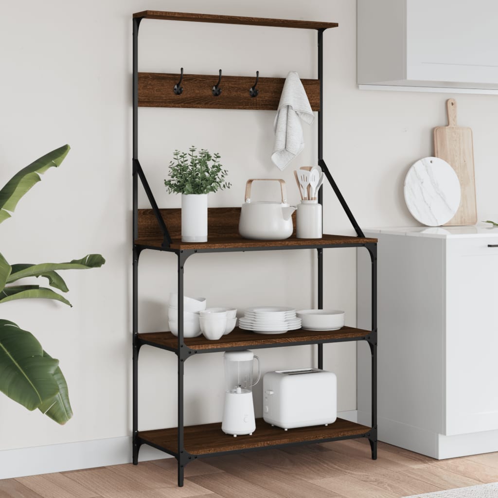 Bakkersrek met haken 4-laags bewerkt hout bruin eikenkleurig is nu te koop bij PeponiXL, paradijselijk wonen!