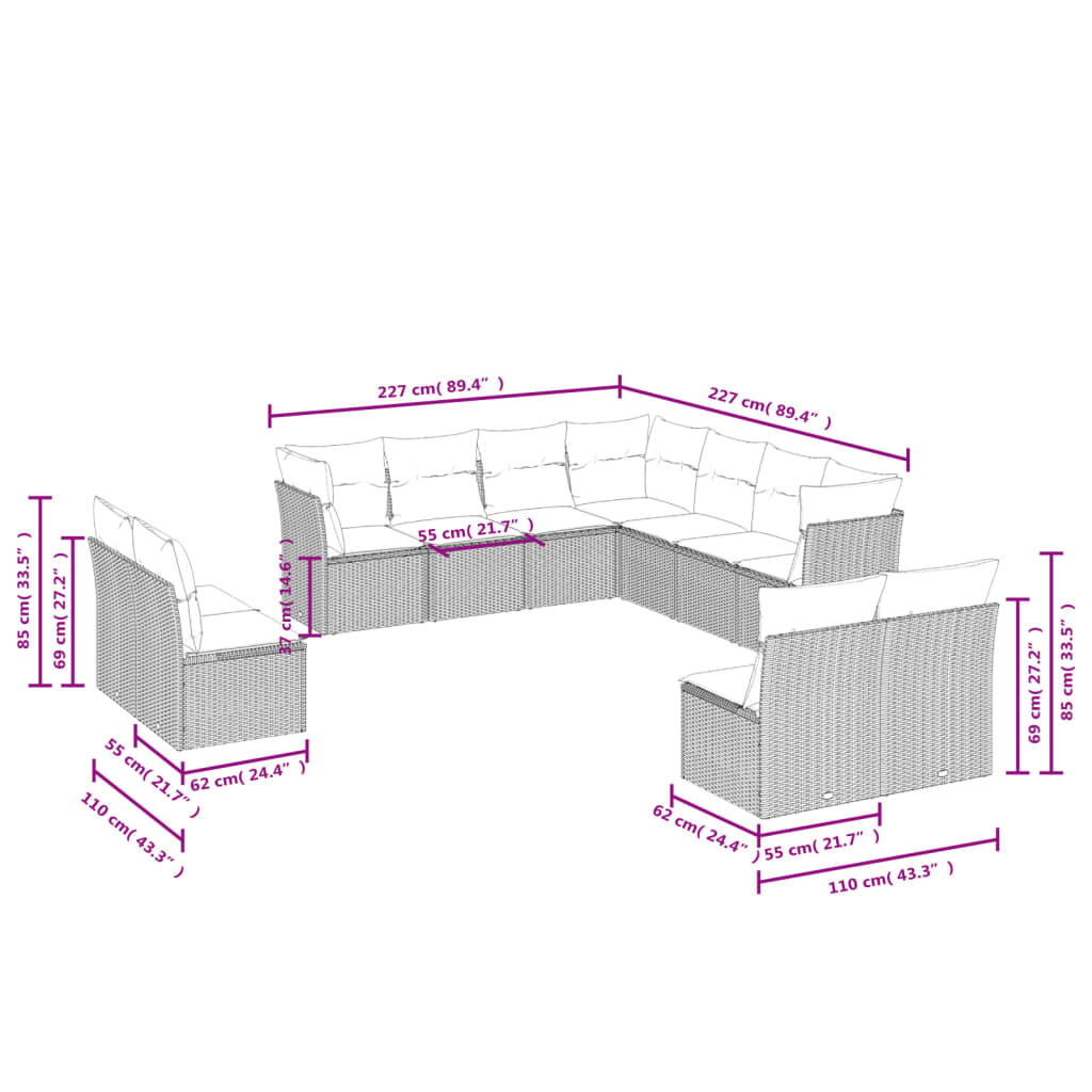 11-delige Loungeset met kussens poly rattan grijs is nu te koop bij PeponiXL, paradijselijk wonen!
