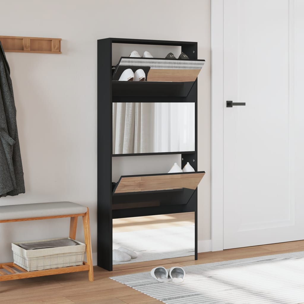 Schoenenkast met spiegel 4-laags 63x17x134 cm zwart is nu te koop bij PeponiXL, paradijselijk wonen!